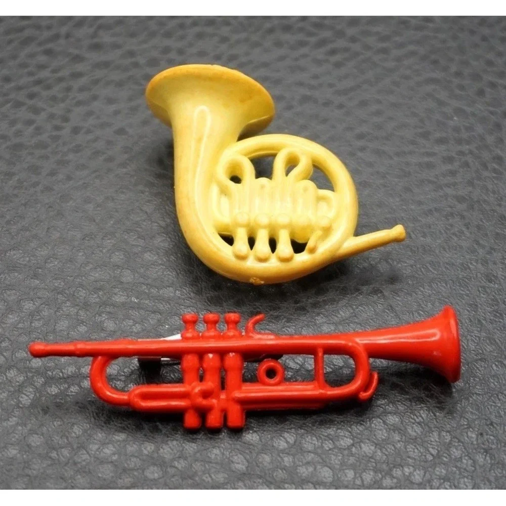 VTG Trumpet & French Horn Music Instrument Red Yellow Plastic Brooch Pin Set